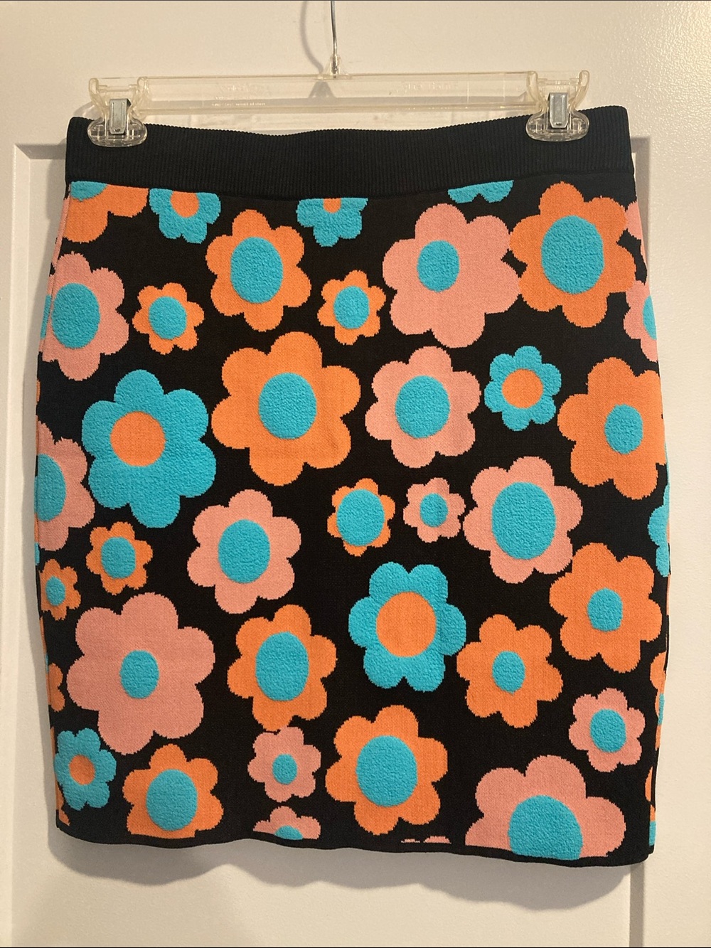 STAUD Black Pencil Skirt with Turquoise, Peach & Orange Floral Knit